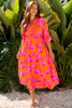 Orange Floral Print Frilly Smocked V Neck 3/4 Sleeve Long Dress Orange Floral Print Frilly Smocked V Neck 3/4 Sleeve Long Dress