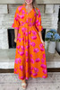 Orange Floral Print Frilly Smocked V Neck 3/4 Sleeve Long Dress Orange Floral Print Frilly Smocked V Neck 3/4 Sleeve Long Dress