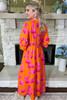 Orange Floral Print Frilly Smocked V Neck 3/4 Sleeve Long Dress Orange Floral Print Frilly Smocked V Neck 3/4 Sleeve Long Dress