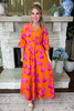 Orange Floral Print Frilly Smocked V Neck 3/4 Sleeve Long Dress Orange Floral Print Frilly Smocked V Neck 3/4 Sleeve Long Dress