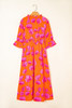 Orange Floral Print Frilly Smocked V Neck 3/4 Sleeve Long Dress Orange Floral Print Frilly Smocked V Neck 3/4 Sleeve Long Dress