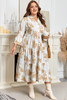 Khaki Patterned Ruffled Sleeve Half Placket Tiered A-line Plus Size Long Dress Khaki Patterned Ruffled Sleeve Half Placket Tiered A-line Plus Size Long Dress