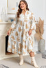 Khaki Patterned Ruffled Sleeve Half Placket Tiered A-line Plus Size Long Dress Khaki Patterned Ruffled Sleeve Half Placket Tiered A-line Plus Size Long Dress