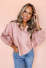 Light Pink Keyhole Notch V Neck Batwing Sleeve Blouse