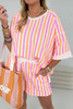 Pink Stripe Drop Shoulder Half Sleeve Loose Tee and Shorts Casual Set