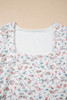 White Floral Print Textured Square Neck Slim Fit Long Sleeve Top