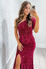 Pitaya Pink One Shoulder Thigh High Split Bodycon Sequin Gown