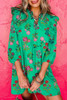 Green Floral Ruffled Three Quarter Sleeve Buttoned Mini Dress