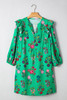 Green Floral Ruffled Three Quarter Sleeve Buttoned Mini Dress