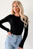 Black Ribbed Long Sleeve Crew Neck Solid Color Bodysuit