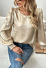 Apricot Metallic Round Neck Smocked Long Sleeve Blouse