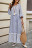 Sky Blue Stripe Patchwork Crossed Lace Detail Bracelet Sleeve Maxi Dress Sky Blue Stripe Patchwork Crossed Lace Detail Bracelet Sleeve Maxi Dress