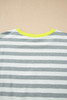 Gray Stripe Contrast Ribbed Banding Long Sleeve Blouse Loose Shorts Set