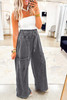 Medium Grey Mineral Wash Lace-up High Waist Raw Hem Patched Pocket Pants Medium Grey Mineral Wash Lace-up High Waist Raw Hem Patched Pocket Pants