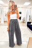 Medium Grey Mineral Wash Lace-up High Waist Raw Hem Patched Pocket Pants Medium Grey Mineral Wash Lace-up High Waist Raw Hem Patched Pocket Pants