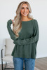 Mist Green Waffle Knit Patchwork Long Sleeve Loose Top