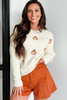 Beige Pumpkin Embroidered Ribbed Thanksgiving Halloween Holiday Sweater