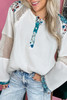 White Plant Mesh Patched Color Block Half Button Blouse