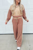 Khaki Color Block Long Sleeve Crop Top Drawstring Pant Set