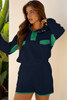 Navy Blue Color Block Patchwork Half Button Pullover and Shorts 2pcs Outfit