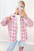 Pink Brushed Plaid Corduroy Flap Pockets Patchwork Shacket