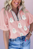 Light Pink Sequin Halloween Ghost Patched Textured Knit Contrast Collar Short Sleeve Top