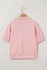 Light Pink Sequin Halloween Ghost Patched Textured Knit Contrast Collar Short Sleeve Top