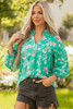 Green Floral Lantern Sleeve Button Front Shirt