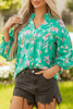 Green Floral Lantern Sleeve Button Front Shirt
