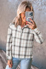 White Plaid Print Collared V Neck Loose Blouse with Side Slits