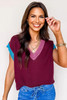 Burgundy Contrast Trim V Neck Cuffed Short Sleeve Loose Sweater Burgundy Contrast Trim V Neck Cuffed Short Sleeve Loose Sweater