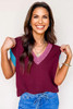 Burgundy Contrast Trim V Neck Cuffed Short Sleeve Loose Sweater Burgundy Contrast Trim V Neck Cuffed Short Sleeve Loose Sweater