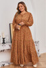 Brown Plus Size Floral Split V Neck Ruffled Sleeve Tiered Maxi Dress