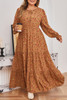 Brown Plus Size Floral Split V Neck Ruffled Sleeve Tiered Maxi Dress