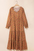 Brown Plus Size Floral Split V Neck Ruffled Sleeve Tiered Maxi Dress