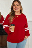 Fiery Red Varsity Striped Detail Crew Neck Plus Sweatshirt