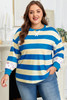 Blue Stripe Floral Color Block Drop Shoulder Plus Size Pullover Top Blue Stripe Floral Color Block Drop Shoulder Plus Size Pullover Top