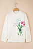 White Embroidered Flower Bouquet Ribbed Trim Loose Sweater