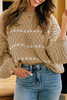 Pale Khaki Contrast Detail Textured Knit Puff Sleeve Baggy Sweater