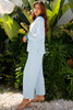 Sky Blue Stripe Collared Pullover Top and Drawstring Pant Set