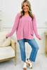 Pink Twisted Rib Texture Exposed Seam Patchwork Loose Long Sleeve Top