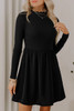 Black Frilled Neck Ribbed Knit Patchwork Long Sleeve Mini Dress