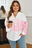 Pink Stripe Leopard Patchwork Waffle Knit Buttoned Plus Size Hoodie