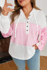 Pink Stripe Leopard Patchwork Waffle Knit Buttoned Plus Size Hoodie