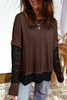 Dark Brown Sheer Lace Patchwork Casual Long Sleeve Tee