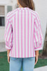 Rose Stripe Split Neck Button Decor Front Puff Sleeve Blouse