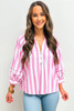 Rose Stripe Split Neck Button Decor Front Puff Sleeve Blouse
