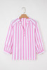 Rose Stripe Split Neck Button Decor Front Puff Sleeve Blouse