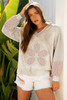 Beige Floral Patched Waffle Textured Colorblock V Neck Casual Hooded Top