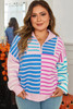 Sky Blue Stripe Colorblock Patchwork Plus Size Half Zip Sweater